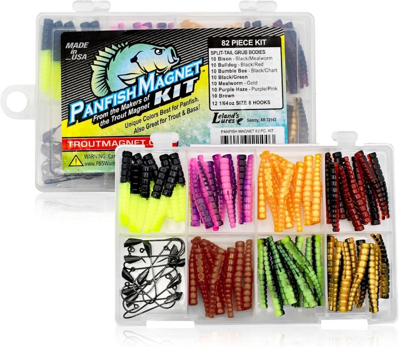 Trout Magnet 82 Piece Panfish Magnet Kit, with A Longer Shad Dart Hook, Includes 70 Split Tail Grub Bodies, 12 Black Size 8 Mustad Hooks, Catches All Types of Fish - Image 1